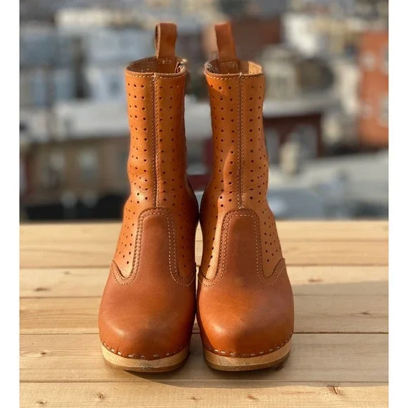 Swedish Hasbeens Women's Perforated Zipper Leather Tan Brown Boot Size 36 / US 6 - Picture 5 of 11